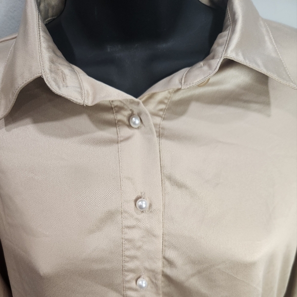 Wuko Gals~ Satin like long sleeve pearl buttons down, sand midi dress, Sz XS - Picture 7 of 13